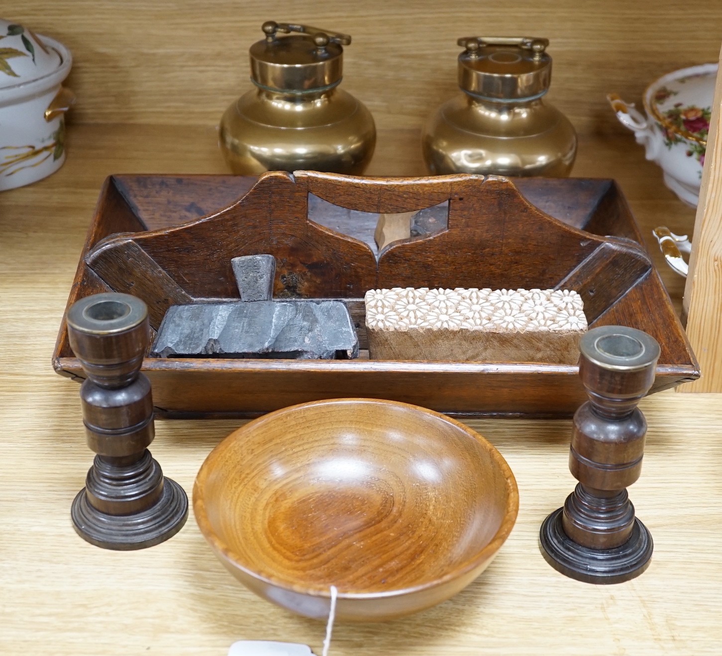 A wooden cutlery box, 42cm wide, together with carved patterned printing blocks, and other miscellaneous items